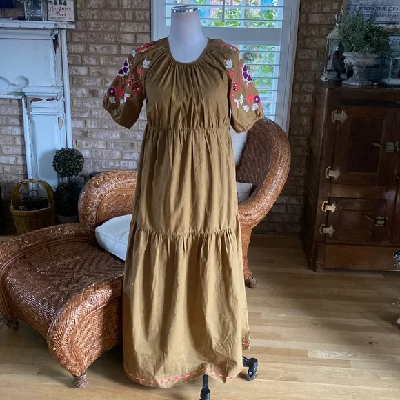 Anthropologie | Dresses | Anthropologie Let Me Be Embroidered Maxi Dress  Brown Motif Small Petite New | Poshmark